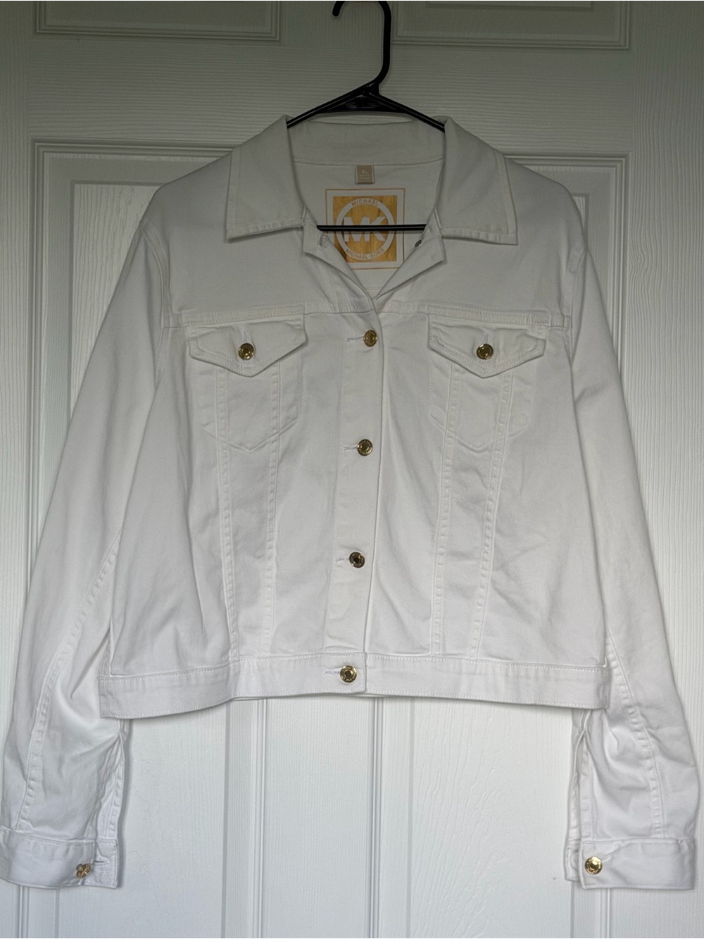 MICHAEL KORS White Denim Jacket Gold Logo Buttons Womenโs Size XL Stretch